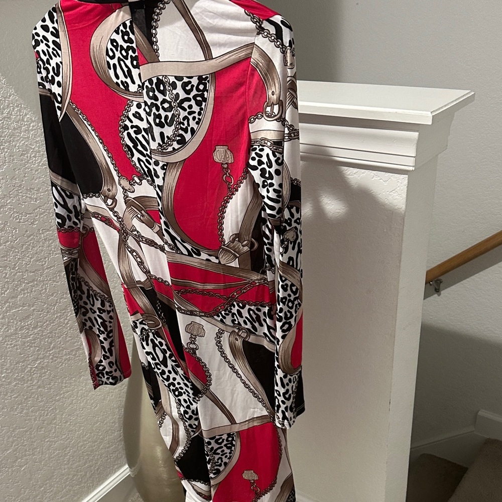 S.L. Fashions Red Chain & Leopard Print Long Sleeve Wrap Dress - Picture 5 of 8